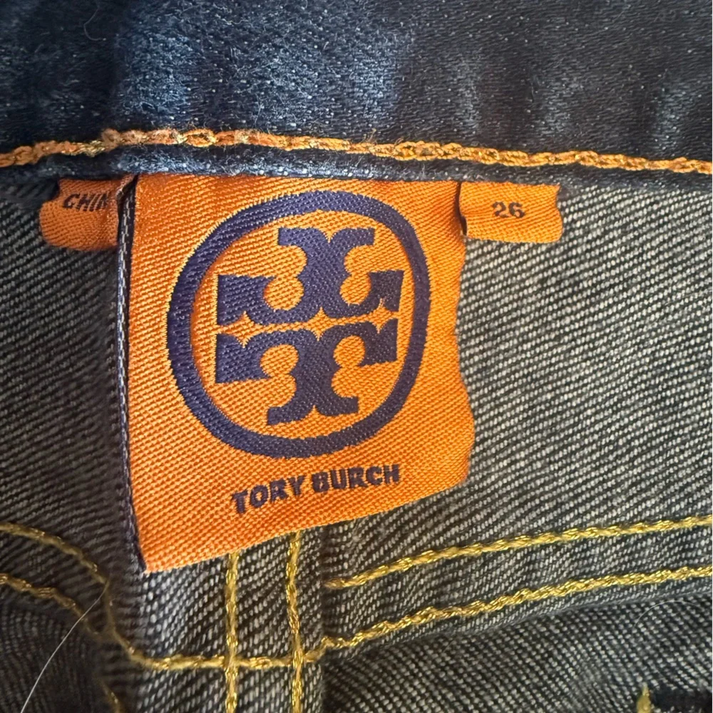 403 Tory Burch Cropped Slim Skinny Jeans Dark Wash Gold Zip Ankle 26 Designer